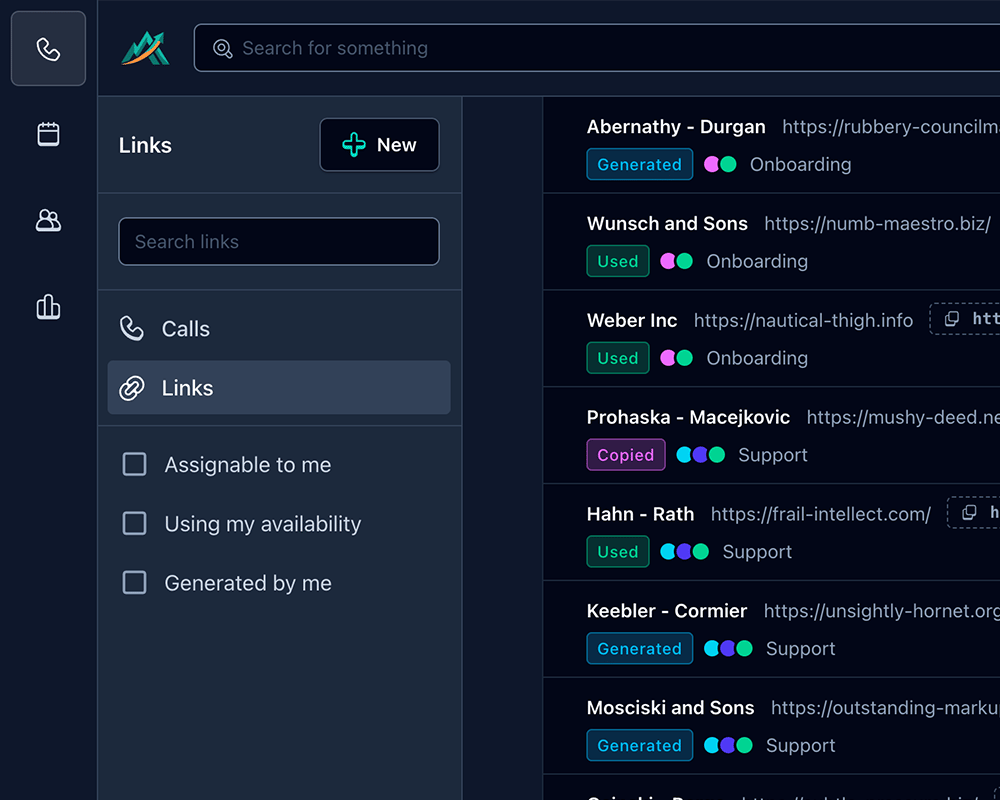 Screenshot of list of scheduling links