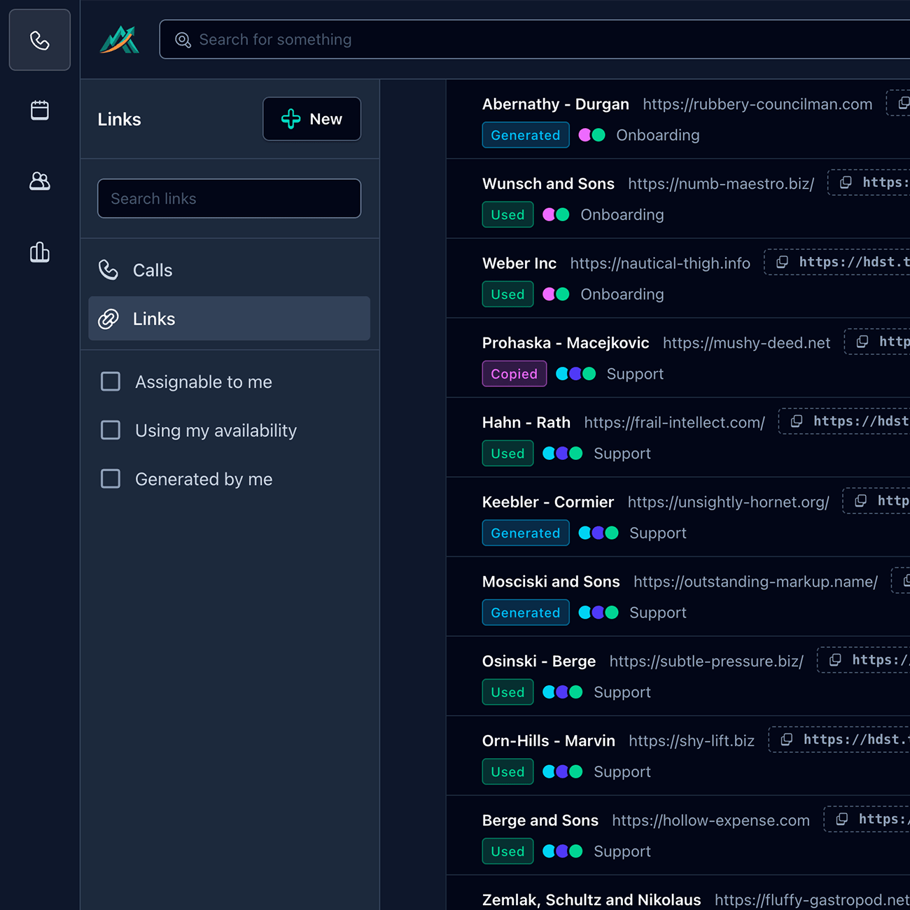 Screenshot of list of scheduling links