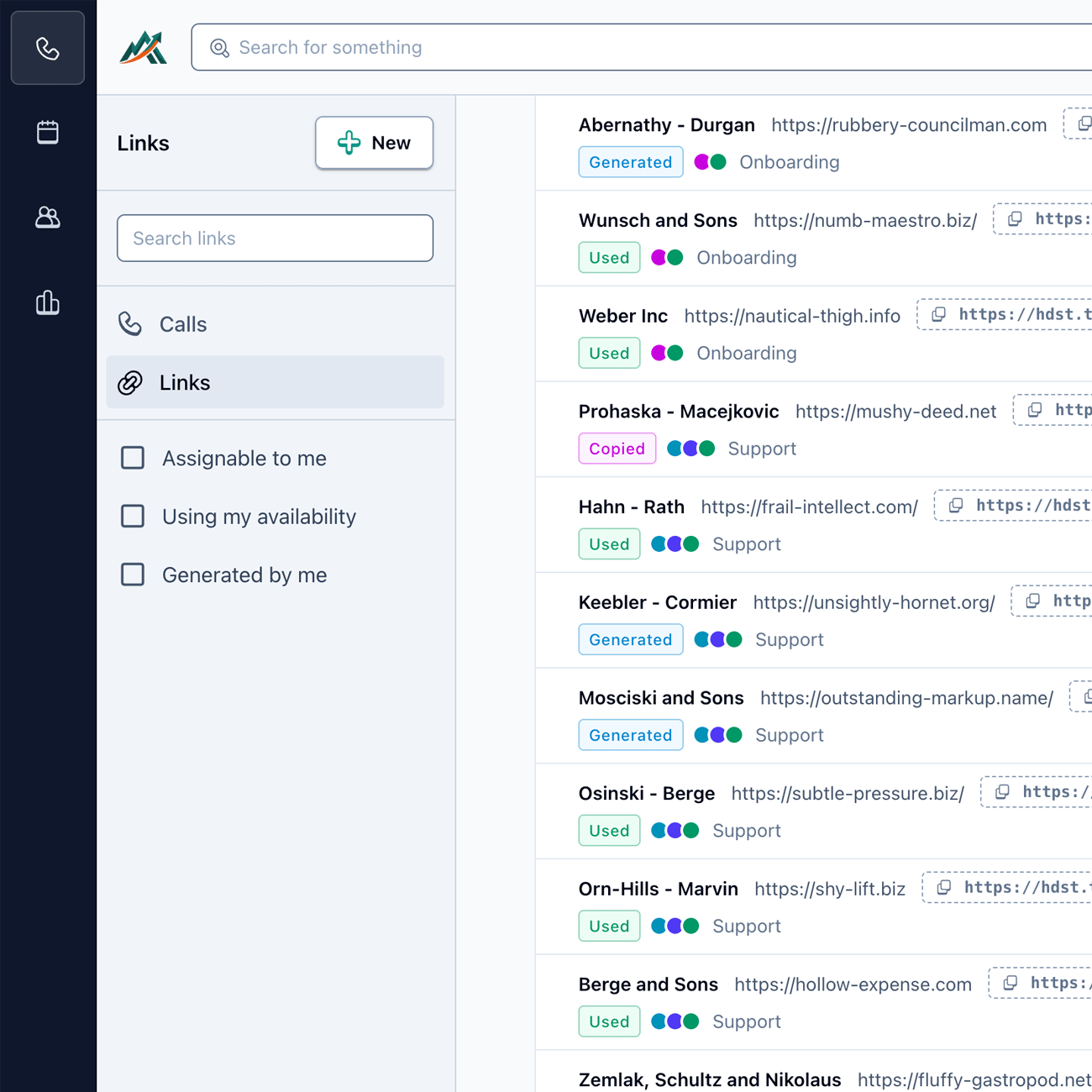 Screenshot of list of scheduling links